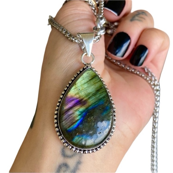 925 Sterling silver overlay iridescent rainbow pink blue labradorite necklace - Picture 2 of 14